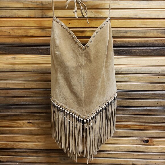 Cripple Creek Tops - VTG Cripple Creek Women's Tan Suede Fringe Western/Boho Halter Top Bk-Zip Sz XL